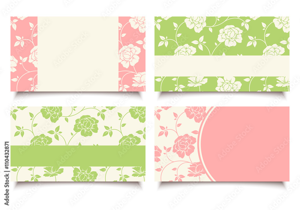 Vector business cards with pink and green floral pattern. Vector business cards with pink and green floral pattern.