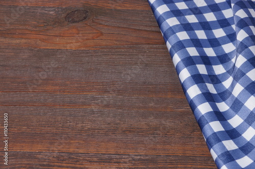 Blue Checkered Tablecloth On The Rough Rustic Wooden Table, Over
