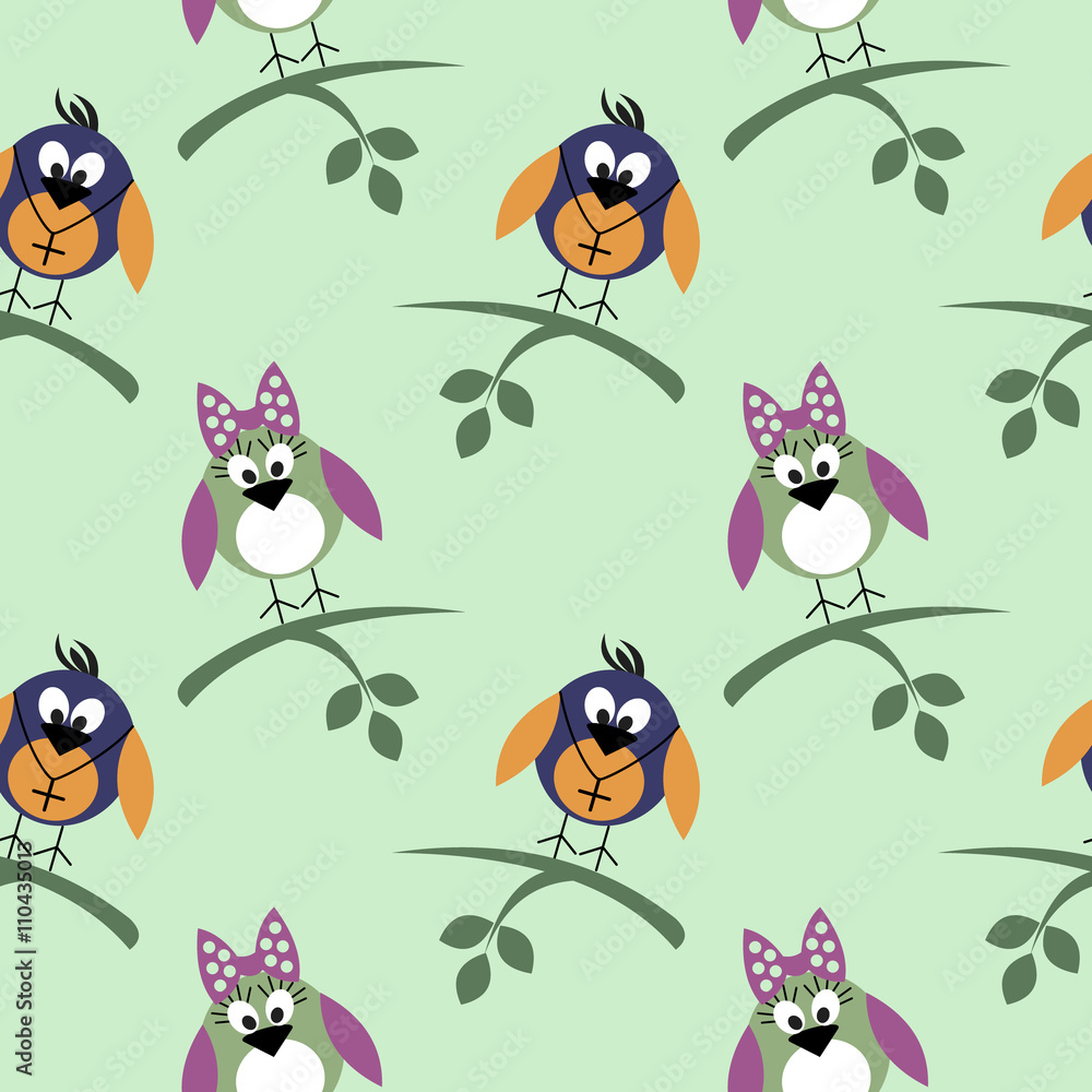 Seamless vector pattern with animals, cute background with birds and branch with leaves. Series of Animals and Insects Seamless Patterns.