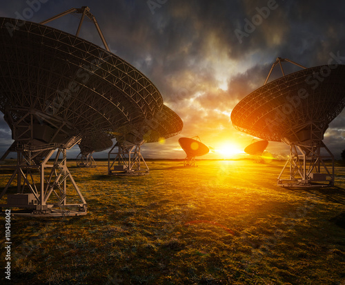 Fototapeta Naklejka Na Ścianę i Meble -  Satellite dish view at sunset