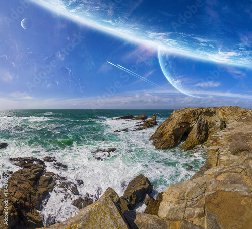 Fototapeta Naklejka Na Ścianę i Meble -  View of distant planet system from cliffs