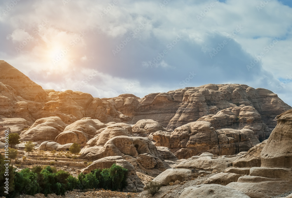 Fototapeta premium Canyon in Petra (Rose City), Jordan. The city of Petra was lost for over 1000 years. Now one of the Seven Wonders 