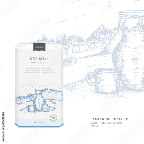 Packing concept for dry milk or cream. Vector design.