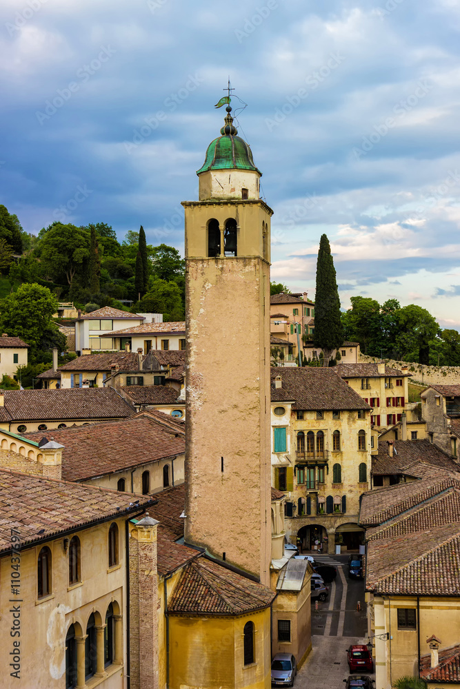 View a picturesque italian village and of its bell tower