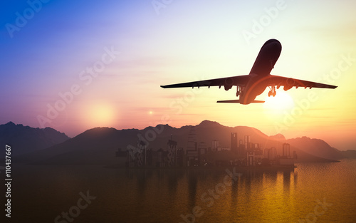 Airplane flying over the city and the beach sunrise 3d rendering © chayathon2000