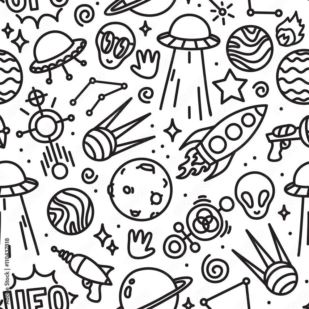 Life in space seamless vector pattern black and white