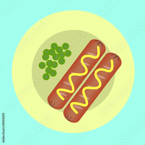 two sausages and peas on a plate for breakfast, a quick snack