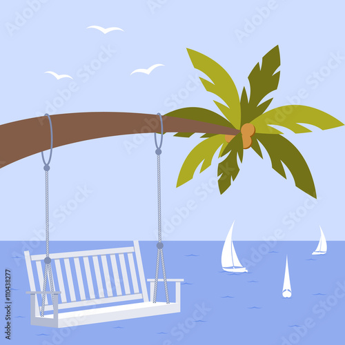 Vector illustration with palm tree, wedding bench  and yacht, seagulls