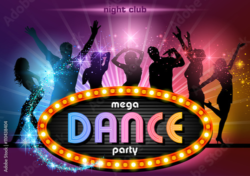 Party People Background with Neon Sign Mega Dance Party - Illustration, Vector