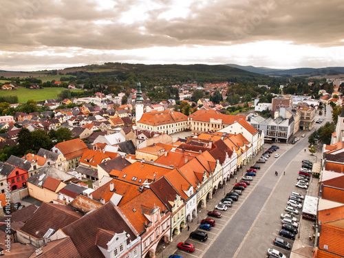 Aerial view of main square in Domazlice