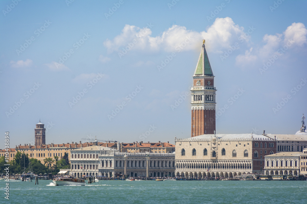 Famous San Marco tower and Doge's palace waterfront in Venice, Italy,  