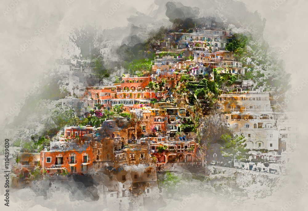 Digital watercolor painting of Positano. Italy