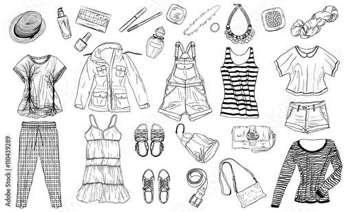 sketch of female spring and summer fashion collection of clothes
