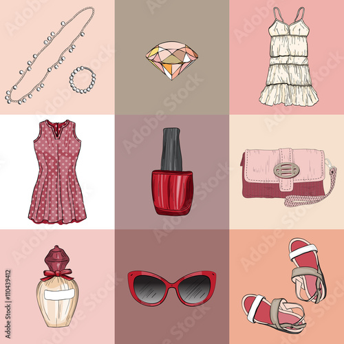 Vector fashion set of woman's clothes, accessories and cosmetics