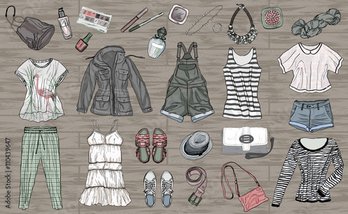 female spring and summer fashion collection of clothes and acces