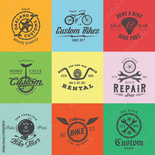 Retro Custom Bicycle Vector Labels or Logo Templates Set. Bike Symbols, Such as Chains, Wheels, Saddle, Bell, Wrench, etc. With Vintage Typography. 