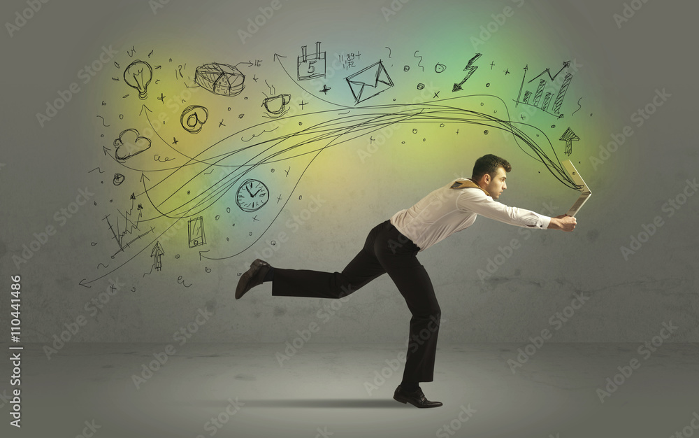 Business man in a rush with doodle media icons Business man in a rush with doodle media icons