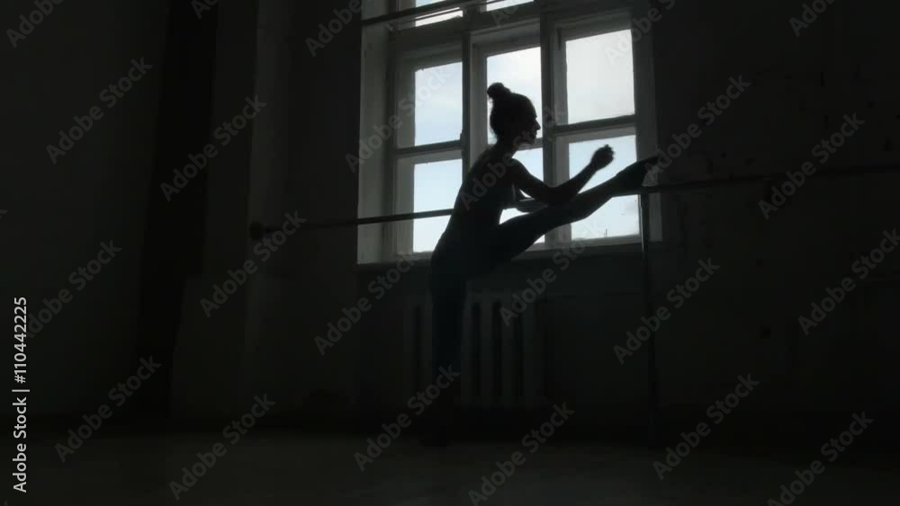 Silhouette of a Ballet Dancer Exercising at The Barre By The Window Silhouette of a Ballet Dancer Exercising at The Barre By The Window