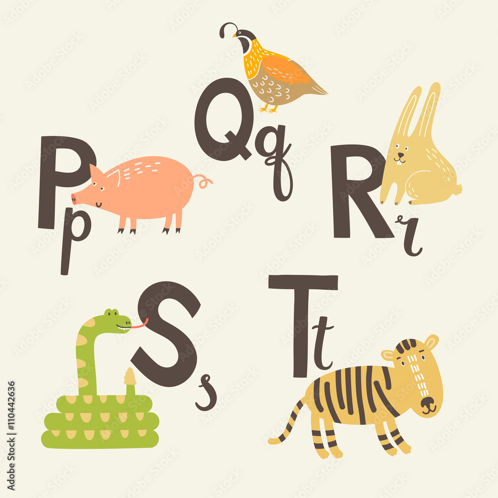 Cute zoo alphabet in vector. P, q, r, s, t letters. Funny animals. Pig,  rabbit, quail, snail and tiger. Stock Vector | Adobe Stock