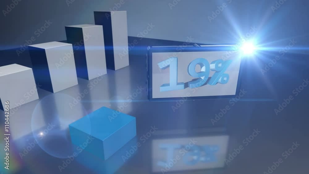 Growing blue 3D bar diagram counting up to 75% with a screen showing the numbers Growing blue 3D bar diagram counting up to 75% with a screen showing the numbers