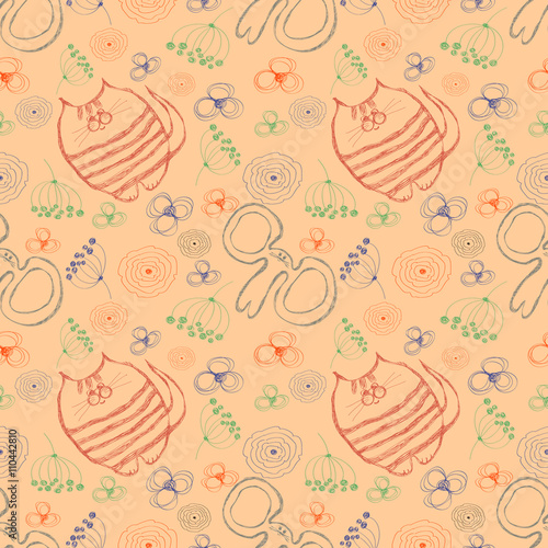 Seamless vector pattern. Cute beige background with colorful hand drawn cats, mouses and flowers. Series of Cartoon, Doodle, Sketch and Scribble Seamless Vector Patterns.
