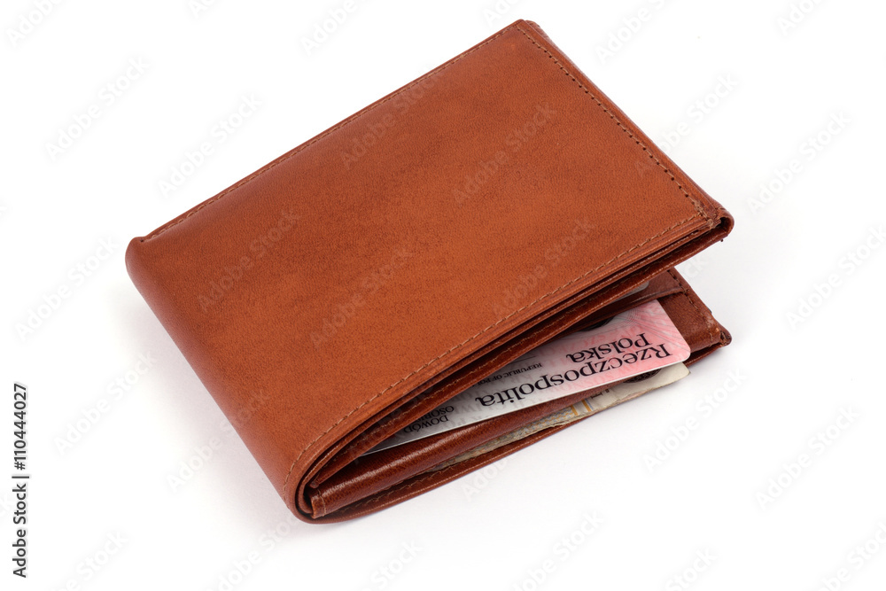 Brown leather wallet with documents. Identity card. Brown leather wallet with documents. Identity card.