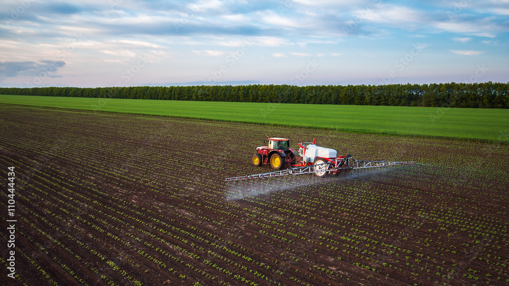 Farming tractor spraying on field at spring Farming tractor spraying on field at spring