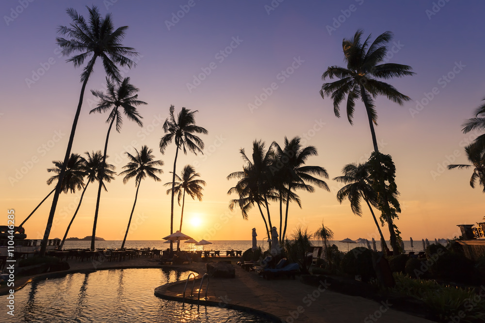 Relaxing sunset light, tropical hotel and resort near the beach