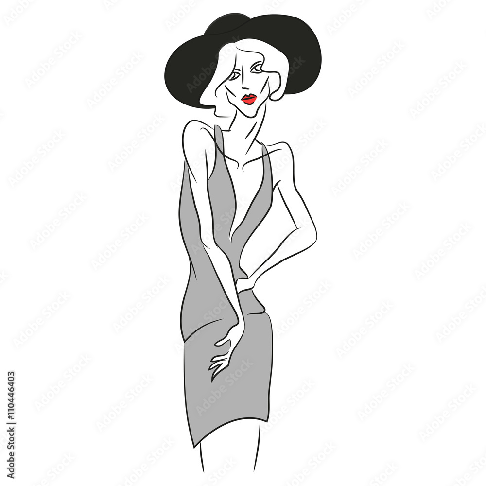 Vector fashion sketch. Beautiful model posing at photoshoot in short v-shaped grey dress. Skinny body silhouette, black hat, designer cloth. Haute couture fashion show. Fashion magazine photoshooting Vector fashion sketch. Beautiful model posing at photoshoot in short v-shaped grey dress. Skinny body silhouette, black hat, designer cloth. Haute couture fashion show. Fashion magazine photoshooting