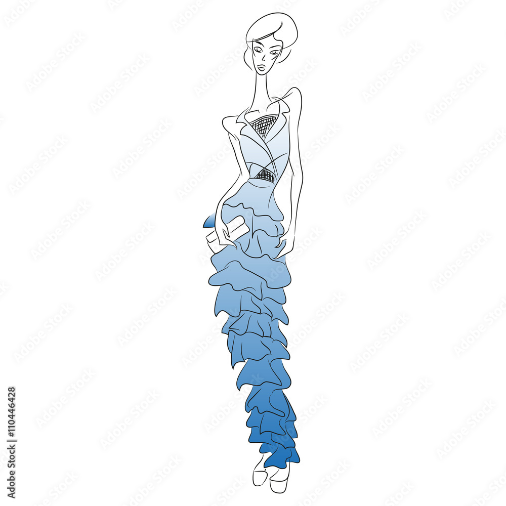 Obraz premium Vector fashion sketch. Beautiful model walking on runway in long blue gradient frill dress with clutch and transparent chiffon insets. Skinny body silhouette, high heels. Haute couture fashion show