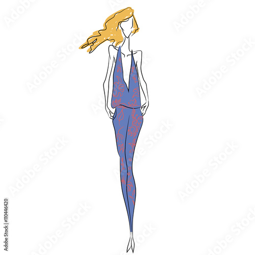 Vector fashion sketch. Beautiful model walking on runway in fashion summer v-shaped jumpsuit with flower print. Skinny body silhouette, long hair, high heels. Haute couture fashion show, photoshooting