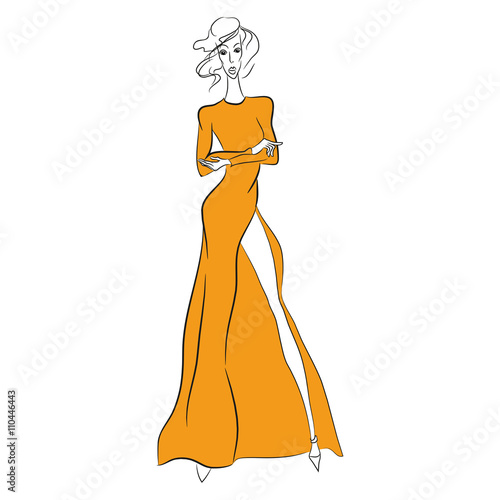 Vector fashion sketch. Beautiful model standing in long orange dress with high cut and long sleeves. Skinny body black silhouette isolated on white background, high heels. Haute couture fashion show