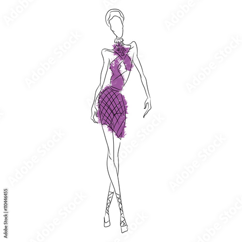 Vector fashion sketch. Beautiful model walking on runway in short purple dress with revealing decollete and transparent chiffon insets. Skinny body silhouette, high heels. Haute couture fashion show