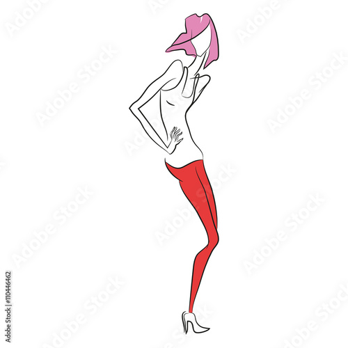 Vector fashion sketch. Beautiful model posing for fashion magazine photoshooting in white shirt and red narrow trousers, boots. Casual style. Skinny body silhouette. Haute couture fashion show