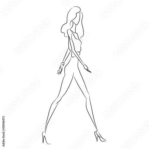 Vector fashion sketch. Beautiful model walking on runway in business style jumpsuit, narrow trousers, leggings, classic high hels shoes, bracelet. Skinny body silhouette. Haute couture fashion show