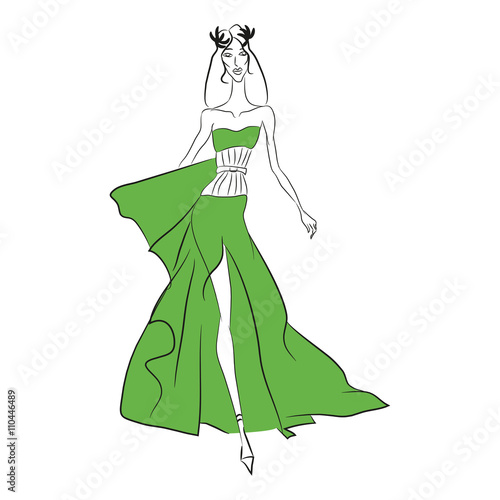 Vector fashion sketch. Beautiful model walking on runway in long olive dress with high cut and tight corset, laurel wreath. Skinny body silhouette, long hair, high heels. Haute couture fashion show