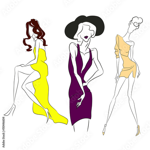 Vector fashion line sketch. Set of vector icons. Models posing at fashion magazine photoshooting in long dress with high cut, short cocktail dress. Skinny body silhouette, high heels, black round hat
