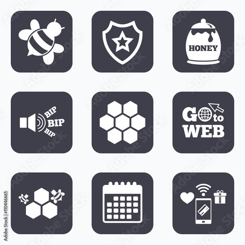 Honey icon. Honeycomb cells with bees symbol.