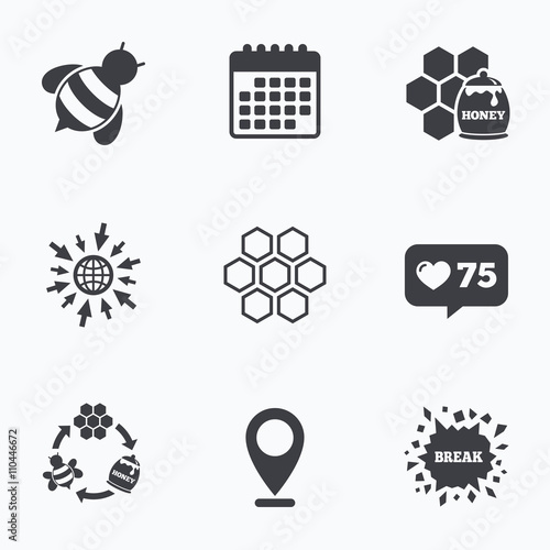 Honey icon. Honeycomb cells with bees symbol.