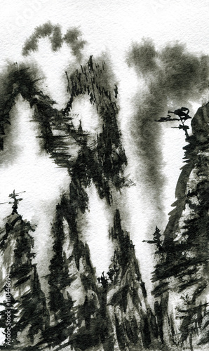 Mountains in the fog. Watercolor and ink illustration in style sumi-e, u-sin. Oriental traditional painting. Monochrome
