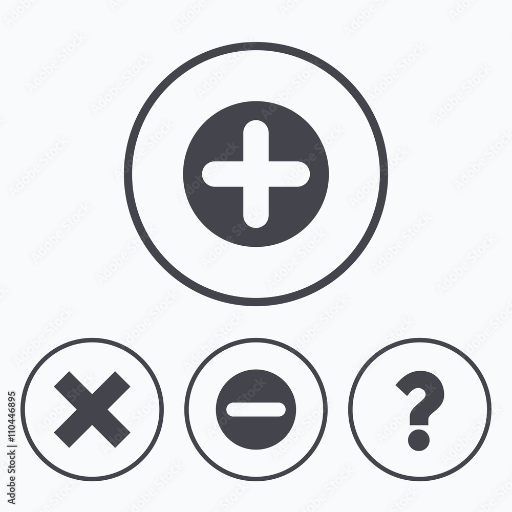 Plus and minus icons. Question FAQ symbol. Plus and minus icons. Question FAQ symbol.