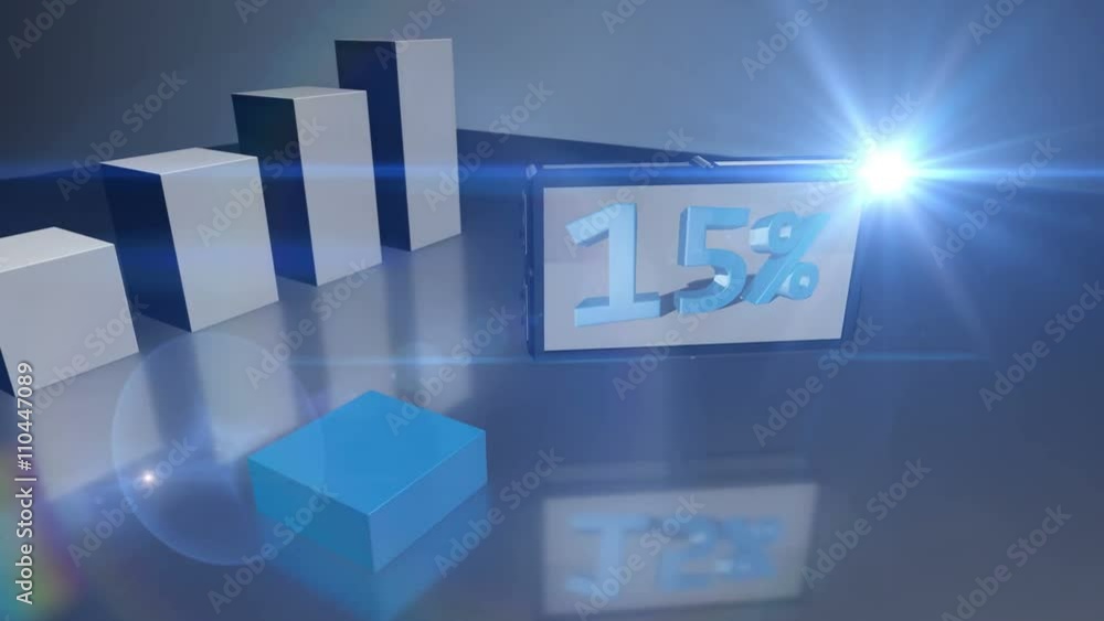 Growing blue 3D bar diagram counting up to 62% with a screen showing the numbers Growing blue 3D bar diagram counting up to 62% with a screen showing the numbers