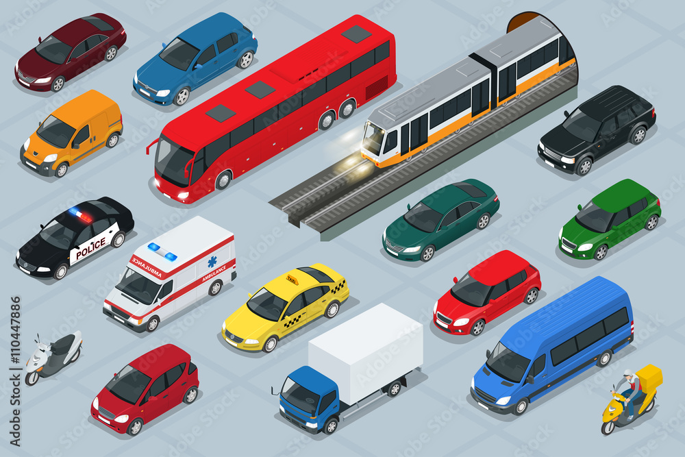 Fototapeta premium Ikony samochodu. Płaski 3d izometryczny wysokiej jakości zestaw ikon samochodów transportu miejskiego. Samochód, furgonetka, ciężarówka, terenówka, autobus, skuter, motocykl, zawodnicy. Zestaw transportowy. Zestaw miejskiego transportu publicznego i towar