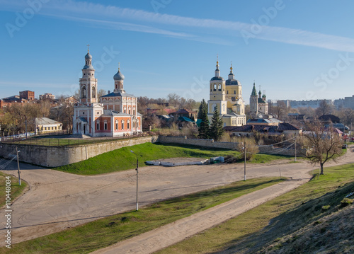 Serpukhov. Church of the Assumption of the Blessed Virgin, the Church of Elijah the Prophet and Church of the Holy Trinity on a spring morning
