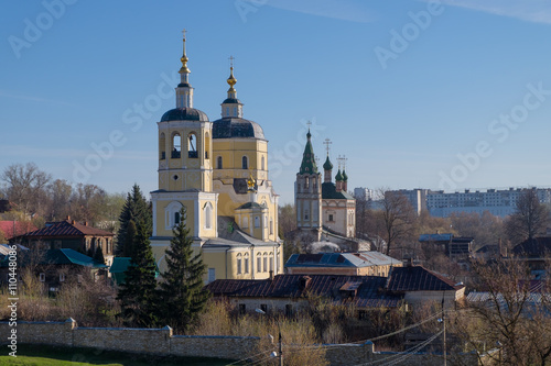 Church of Elijah the Prophet and Church of the Holy Trinity on a spring morning in the town of Serpukhov in the Moscow region