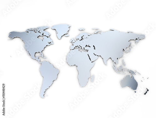 World map metal texture with shadow on white background