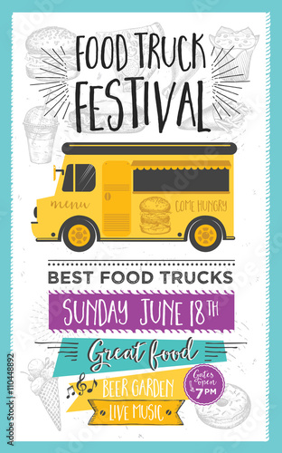 Food truck party invitation. Food menu template design. Food fly