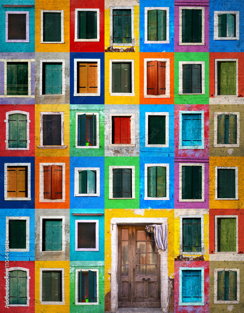 Collage of colorful windows with shutters and one door in Burano, Italy. Grunge filter effect used. Collage of colorful windows with shutters and one door in Burano, Italy. Grunge filter effect used.