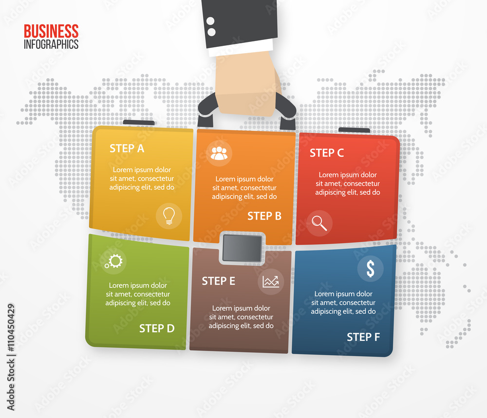 Vector briefcase infographic with businessman hand hold bag. Business and travel concept with 6