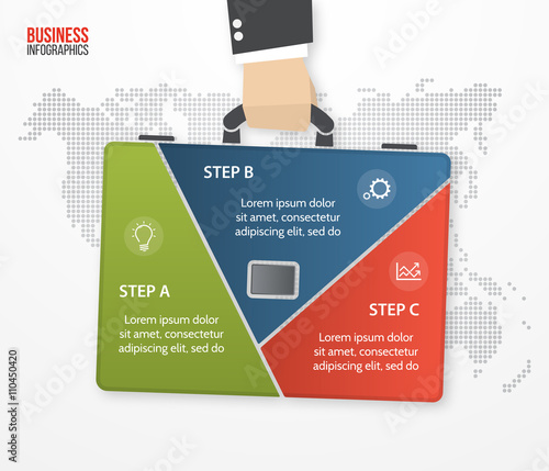 Vector briefcase infographic with businessman hand hold bag. Business and travel concept with 3 processes, options, parts, steps for graphs, charts, diagrams, presentation, website layout.